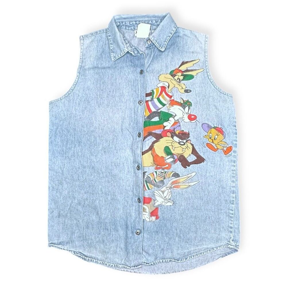 VINTAGE JERRY LEIGH LOONEY TUNES Women’s Blue Denim Button Front Character Tank - Picture 2 of 6